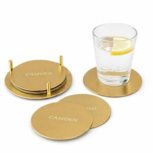 CAMDEN PVD Coating Premium Gold Stainless Steel Round Coaster Set of 6 | Ideal for Tea Cups, Coffee Mugs, Beer Cans